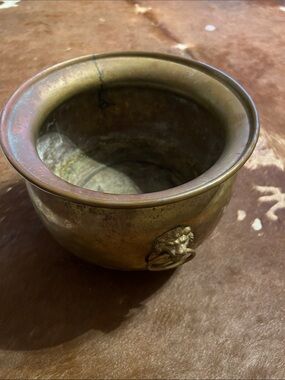 Russian Hand Hammered Brass Two Handle Footed Jardiniere
Planter With Lion Heads